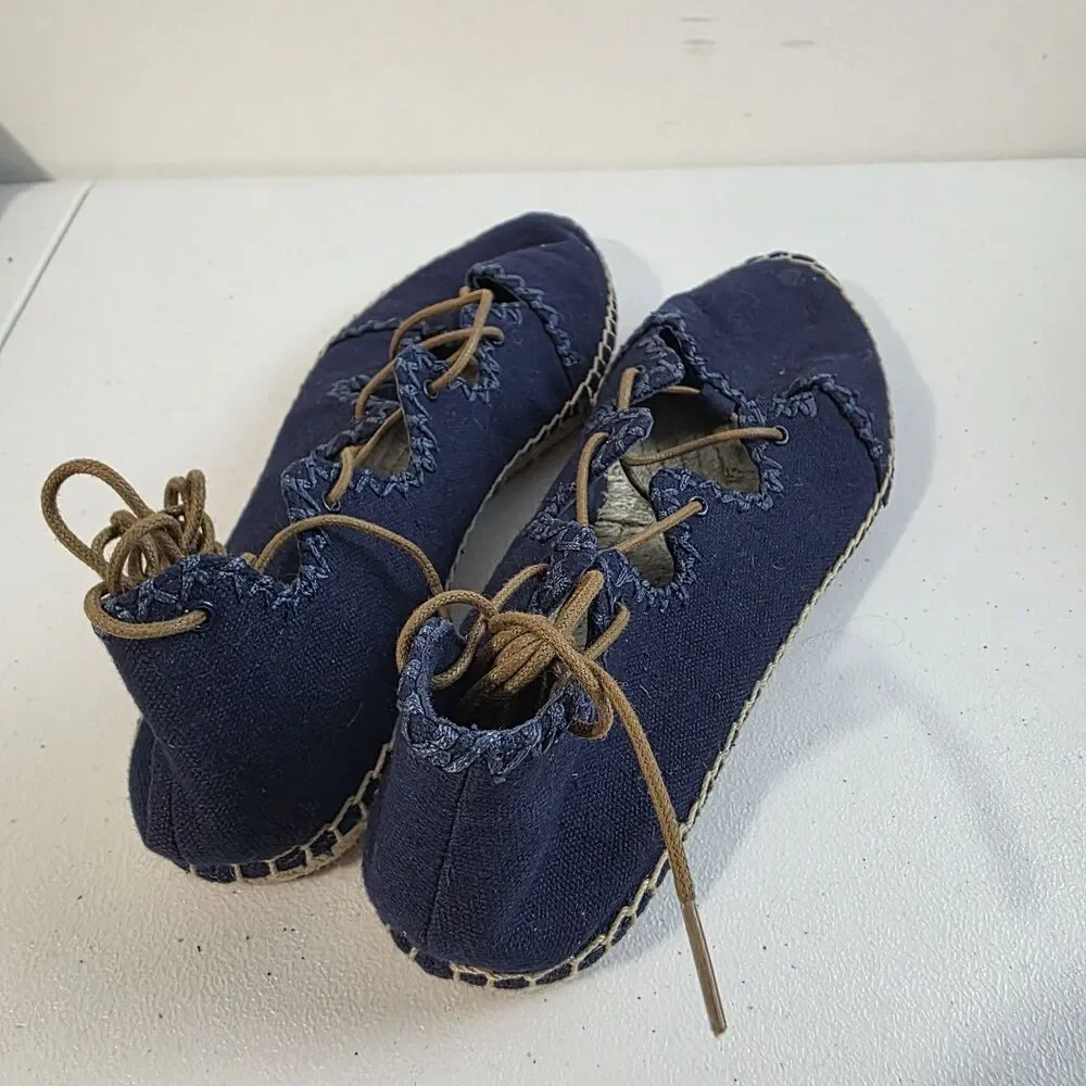 Tory Burch Sonoma Gillie Espadrille Navy Blue Canvas Lace Up Flats Size US 7